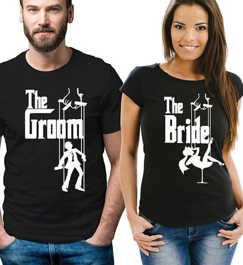 Godfather style The Groom and The Bride His and Her couple matching T-shirts set for wedding