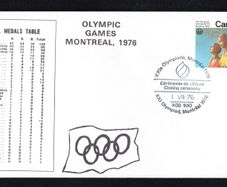 1976 Canada cover commemorating The 1976 Olympic Games recording the Final Medals Table tying 25c Olympic Commemorative Stamp with Olympic stamp closing ceremony cancel