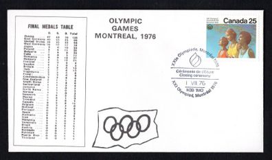 1976 Canada cover commemorating The 1976 Olympic Games recording the Final Medals Table tying 25c Olympic Commemorative Stamp with Olympic stamp closing ceremony cancel
