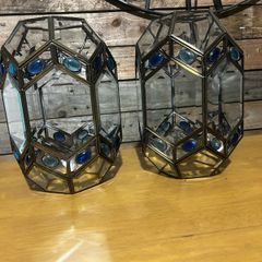 Pair of Decorative Geometric Glass & Metal Lantern Shades