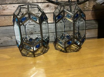 Pair of Decorative Geometric Glass & Metal Lantern Shades