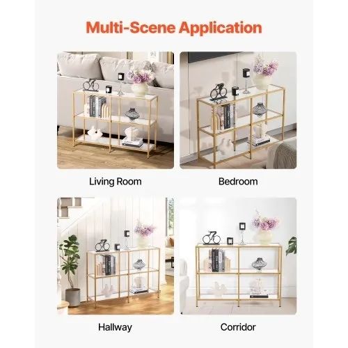 3-Tier Glass Console Table, Modern Rectangle Sofa Side Table with Tempered Glass Top and Iron Legs, Golden Consloe Desk with Anti-Tip Device for Living Room, Hallway, Entryway, Foyer, Golden