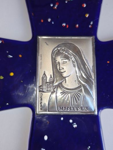 Blue Glass Cross with Silver Medallion