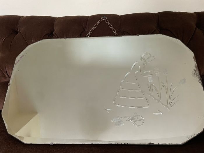 Large Early Mid Century Vintage Beveled Mirror with Reversed Carved Etched Image
