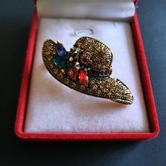 Rhinestone Hat with Flowers Brooch Shawl Pin Broach Multicolored Jewellery