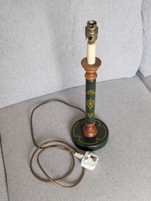 Vintage Wooden Table Lamp Green & Gold Floral Design - 43cm