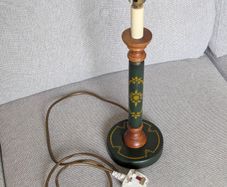 Vintage Wooden Table Lamp Green & Gold Floral Design - 43cm
