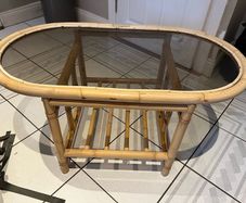 Wicker coffee table, glass top, magazine rack