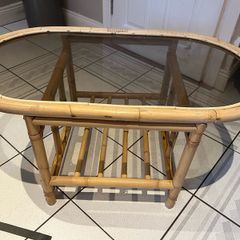 Wicker coffee table, glass top, magazine rack