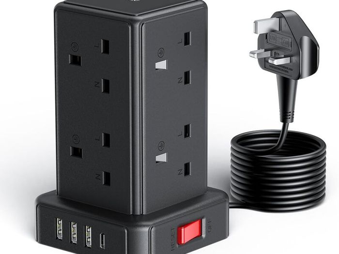 Tower Extension Lead with 8 Way Multi Plug Extension Tower & 4 USB Ports (13A),Mini Power Strip with Switch, 5M Extension Cable Surge Protection Extension Lead for Home, Kitchen,Office