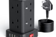 Tower Extension Lead with 8 Way Multi Plug Extension Tower &amp; 4 USB Ports (13A),Mini Power Strip with Switch, 5M Extension Cable Surge Protection Extension Lead for Home, Kitchen,Office