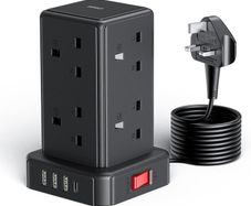 Tower Extension Lead with 8 Way Multi Plug Extension Tower & 4 USB Ports (13A),Mini Power Strip with Switch, 5M Extension Cable Surge Protection Extension Lead for Home, Kitchen,Office