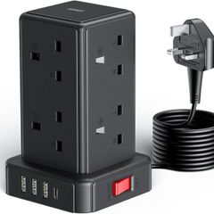 Tower Extension Lead with 8 Way Multi Plug Extension Tower & 4 USB Ports (13A),Mini Power Strip with Switch, 5M Extension Cable Surge Protection Extension Lead for Home, Kitchen,Office