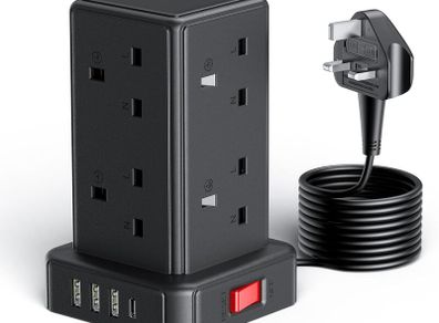 Tower Extension Lead with 8 Way Multi Plug Extension Tower & 4 USB Ports (13A),Mini Power Strip with Switch, 5M Extension Cable Surge Protection Extension Lead for Home, Kitchen,Office