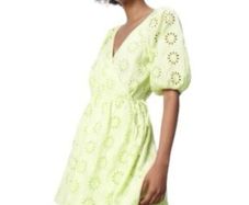 Zara Lime Green Openwork Embroidered Eyelet Wrap Mini Dress Puff Sleeve
