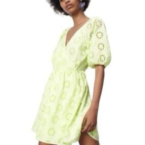 Zara Lime Green Openwork Embroidered Eyelet Wrap Mini Dress Puff Sleeve