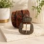 Luxury Handcrafted Genuine Leather Belt Vintage Floral Embossed Brown Leather Casual & Western Style Belt Image 2