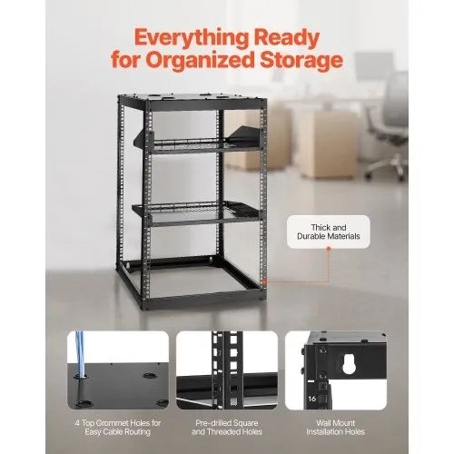 16U Open Frame Network Rack, 585 mm Depth, Wall Mounted or Floor Standing Server Rack, Heavy Duty 4 Post, with Vented Shelves & Mounting Hardware