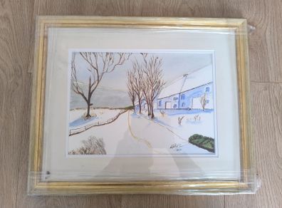 Framed Watercolour Landscape Painting Signed 2016 Michael mc Cann Country Road Cottage Art Picture
