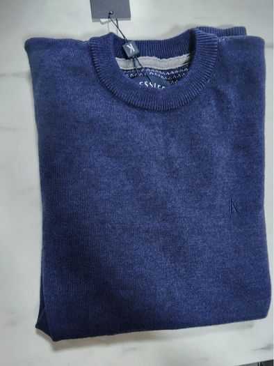New Round Neck Mens warm Sweater Jumper Merino 50% wool RRP 80 eur Wool blend Solid Dark Blue brand NEW