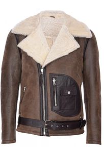 NEW Unisex Merino Wool Brown Retro REAL SHEEPSKIN Shearling Biker Leather Jacket Size S