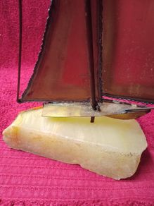 Vintage 1970's Sculpture Brass /  Metal Sailboat On Onyx Stone Base -Signed DeMott