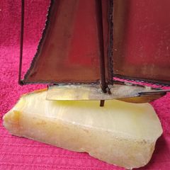 Vintage 1970's Sculpture Brass /  Metal Sailboat On Onyx Stone Base -Signed DeMott