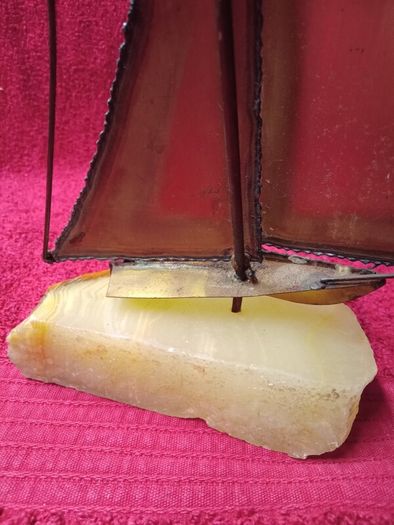 Vintage 1970's Sculpture Brass /  Metal Sailboat On Onyx Stone Base -Signed DeMott