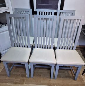 Set of 6 Solid Oak Dining Chairs - Grey & Cream - Excellent Condition