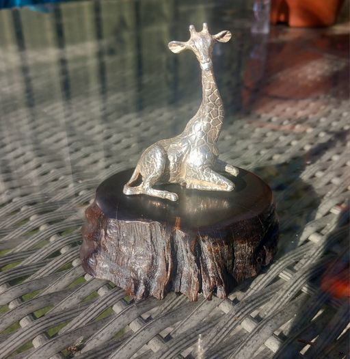 Sterling silver giraffe on Zimbabwean wood, by Patrick Mavros, D18 post 8e