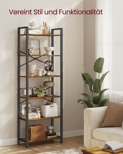 Bookcase with 6 levels and steel 6 Tier Bookcase Steel Frame Freestanding Shelf Living Room Bedroom Study ndustrial Design