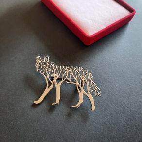 Laser Cut Wolf Brooch with Design of Intricate Branches Dog Pin Badge Woodlands Jewellery Silver Tone Metal