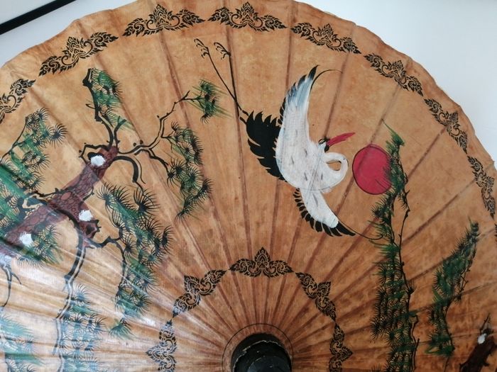 Vintage Oriental Hand Painted Bamboo Umbrella