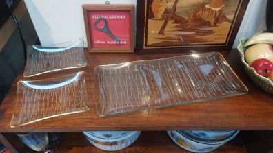 Vintage Retro Mid Century Modern Atomic Design Chance Brothers Fiestaware Three Section Rectangular Serving Plate Plus Two Small Rectangular Dishes with Gilt Edging in the Very Rare Night Sky Pattern from 1957