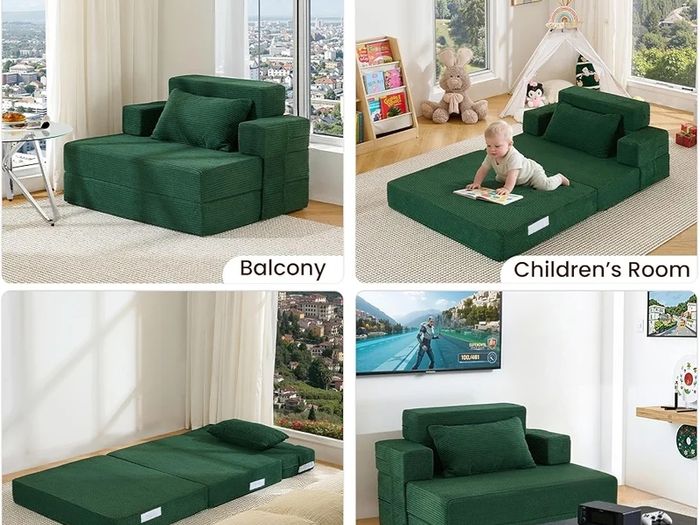 Sofa Bed Single Convertible Chair Bed with Pillow & Armrests, Foldable Futon Mattress with Back Support, Boneless Sofa Bed for Living Room and Bedroom, Dark Green