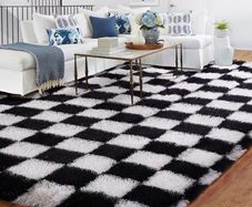 120x180cm Black and White Check Rug for Bedroom, Washable Non Slip Non-Shedding, Shag Pile Soft Fluffy Thick Rugs, Checkerboard Carpet for Hallways, Kitchen, Lounge