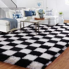 120x180cm Black and White Check Rug for Bedroom, Washable Non Slip Non-Shedding, Shag Pile Soft Fluffy Thick Rugs, Checkerboard Carpet for Hallways, Kitchen, Lounge