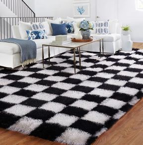 120x180cm Black and White Check Rug for Bedroom, Washable Non Slip Non-Shedding, Shag Pile Soft Fluffy Thick Rugs, Checkerboard Carpet for Hallways, Kitchen, Lounge