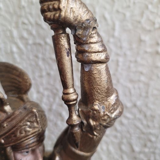 Antique pair of painted & gilded knights in armour candleholders