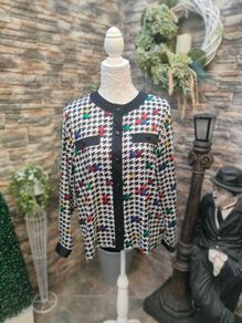 Vintage 80s 90s Black and White houndstooth blouse with rainbow colour splash small to medium