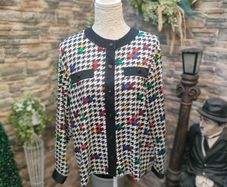 Vintage 80s 90s Black and White houndstooth blouse with rainbow colour splash small to medium