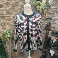 Vintage 80s 90s Black and White houndstooth blouse with rainbow colour splash small to medium