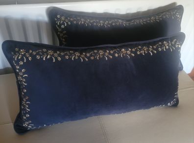 Plush Navy Velour with Gold Embroidery Cushions x2