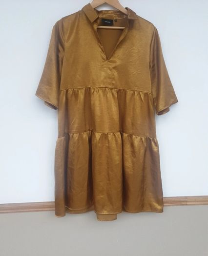 Object gold mustard ruffle flounce tiered smock shirt collar dress size EU 40