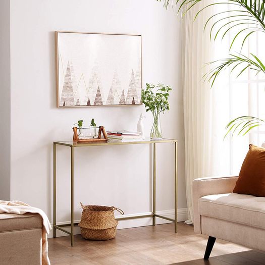 _console table, side table made of tempered glass, modern sofa table, simple structure, adjustable feet, living room, hallway, gold-colored
