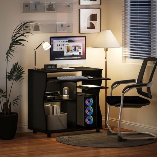 Computer Desk with Casters, Desk with Storage, 80 x 48 x 75 cm, Black