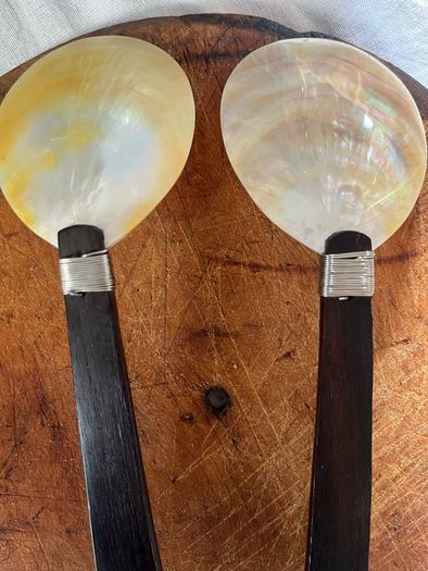 Vintage Mother of Pearl Serving Spoons Pair Caviar Fish Shell Spoon Wooden Handle serving spoon