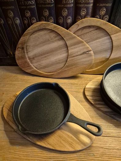 Cast Iron Mini Skillet Set with Wooden Serving Boards (Set of 4)