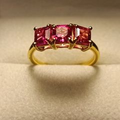 Stunning Lab Grown Padparasha Sapphire Trilogy Ring.