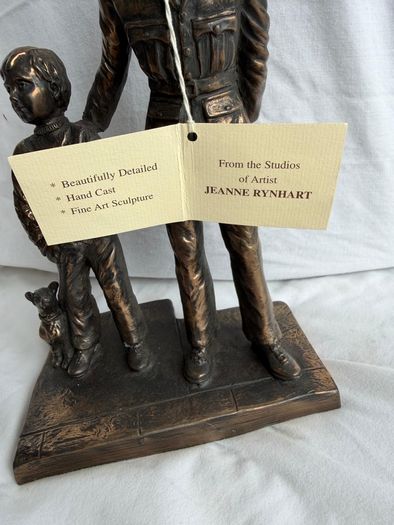 Signed Jeanne Rynhart Bronze Statue - Male Garda and Boy With Tag